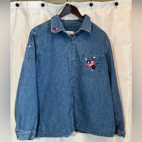 CJ Banks Denim Shirt Patriotic Embroidery 1X 100% Cotton USA Hearts Stars - Picture 1 of 12